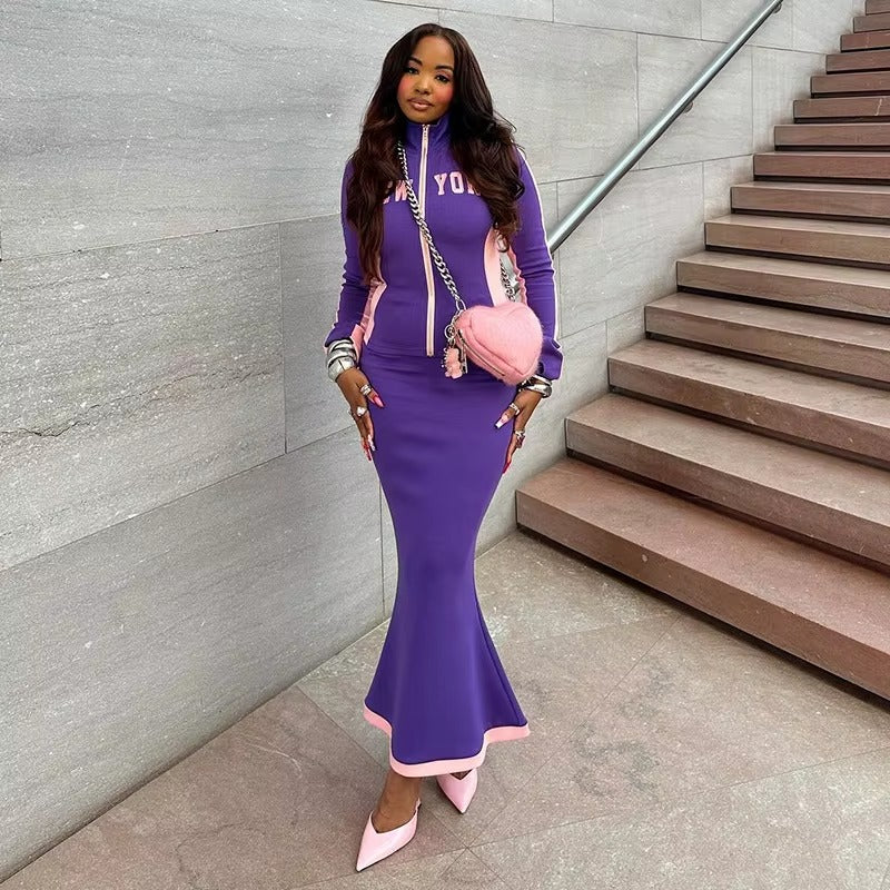 Casual Letter Print Zip Long Sleeve Tops and Maxi Skirts 2 Piece Sets Mssza