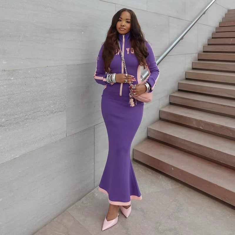 Casual Letter Print Zip Long Sleeve Tops and Maxi Skirts 2 Piece Sets Mssza