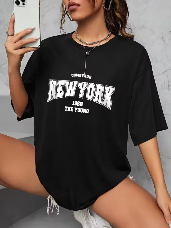 Casual Letter Printed Oversize Creativity Short Sleeve Slight Stretch T-shirts Mssza