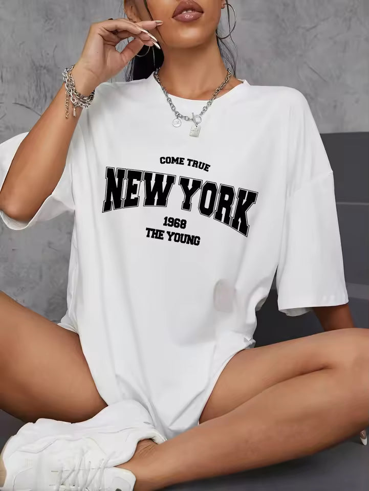 Casual Letter Printed Oversize Creativity Short Sleeve Slight Stretch T-shirts Mssza