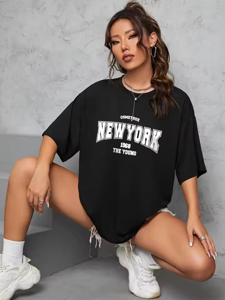 Casual Letter Printed Oversize Creativity Short Sleeve Slight Stretch T-shirts Mssza