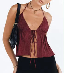 Casual Linen Bandage Open Front Backless Slight Stretch Crop Tops Mssza