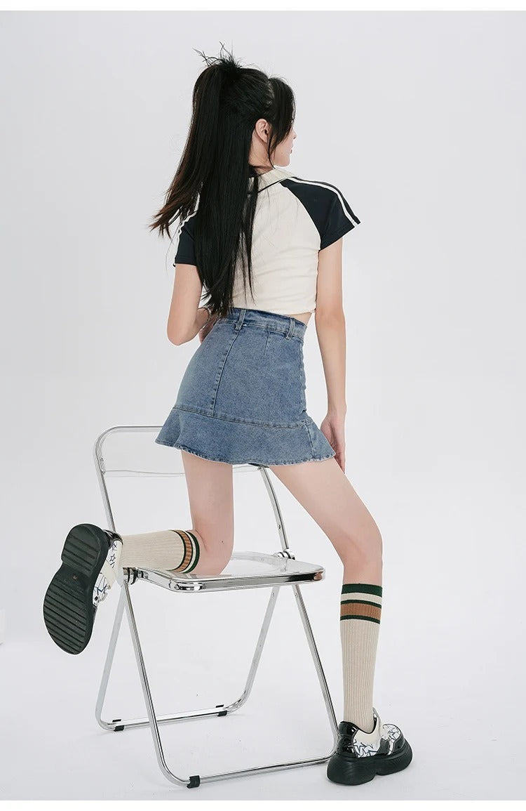 Casual Lining High Waist A Line Ruffles Mini Denim Skirt Mssza