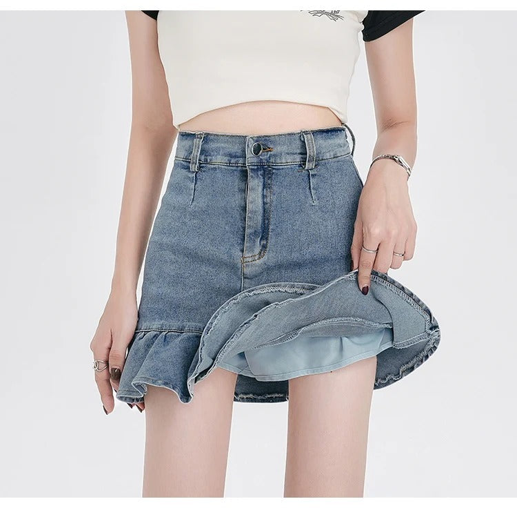 Casual Lining High Waist A Line Ruffles Mini Denim Skirt Mssza