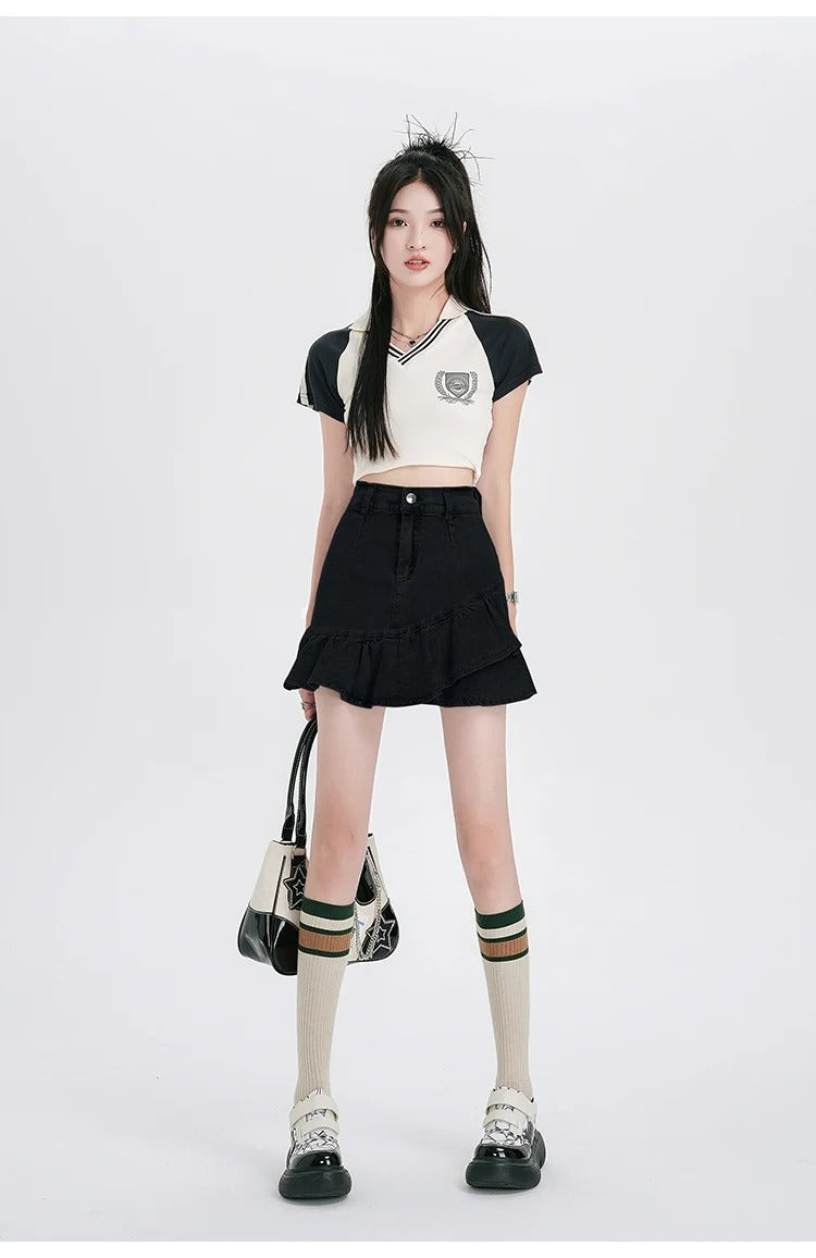 Casual Lining High Waist A Line Ruffles Mini Denim Skirt Mssza