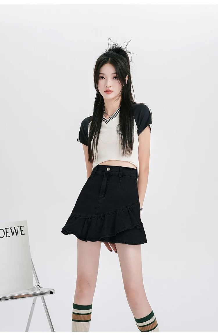 Casual Lining High Waist A Line Ruffles Mini Denim Skirt Mssza