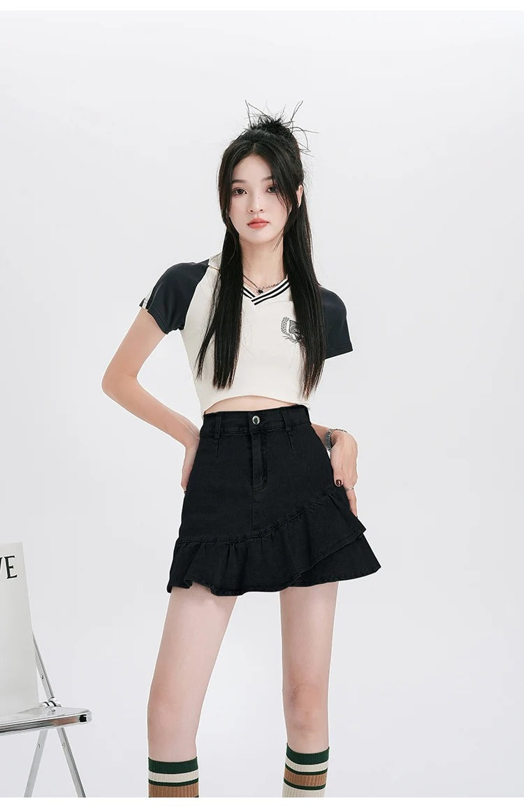 Casual Lining High Waist A Line Ruffles Mini Denim Skirt Mssza