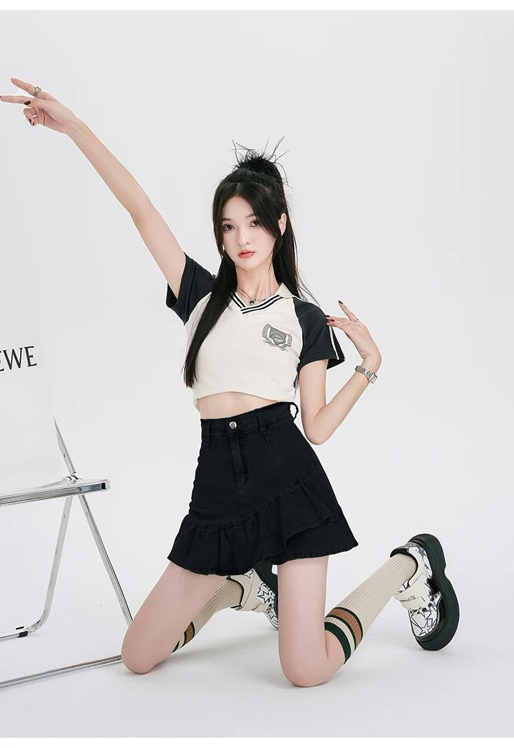 Casual Lining High Waist A Line Ruffles Mini Denim Skirt Mssza