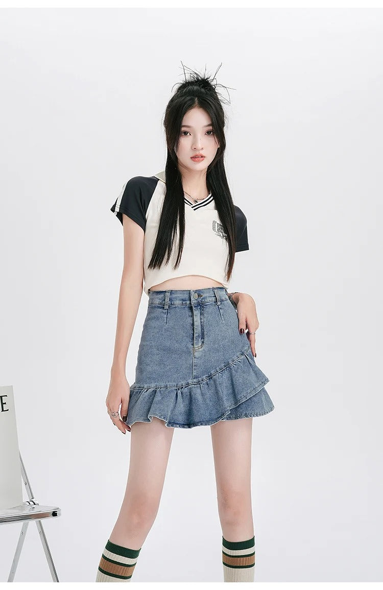 Casual Lining High Waist A Line Ruffles Mini Denim Skirt Mssza
