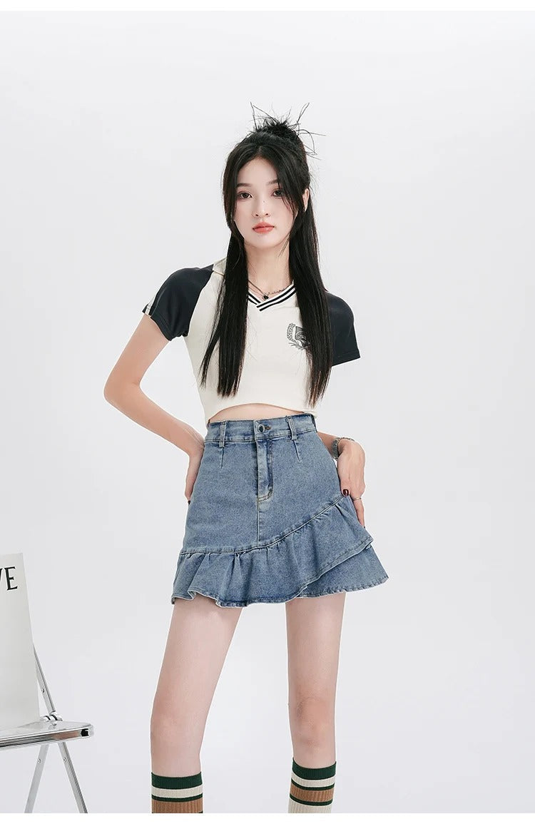 Casual Lining High Waist A Line Ruffles Mini Denim Skirt Mssza