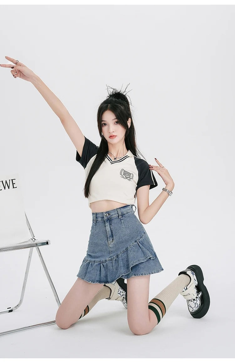 Casual Lining High Waist A Line Ruffles Mini Denim Skirt Mssza