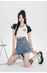 Casual Lining High Waist A Line Ruffles Mini Denim Skirt Mssza