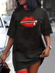 Casual Lip Print Loose Size Round Neck Short Sleeved T-shirt Mssza