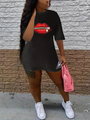 Casual Lip Print Loose Size Round Neck Short Sleeved T-shirt Mssza