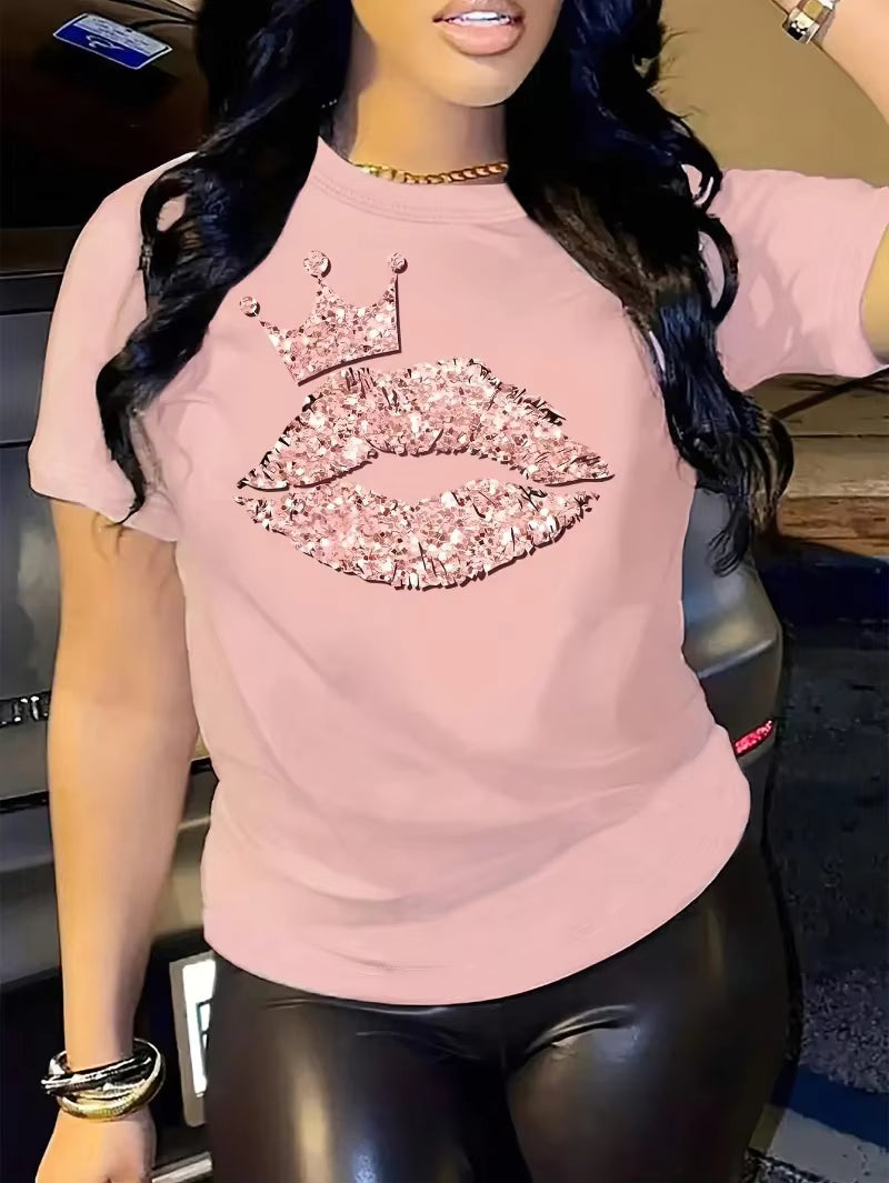 Casual Lips Graphic Short Sleeve Round Neck Loose Slight Stretch T-shirt Mssza