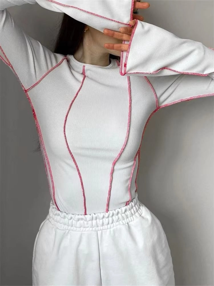 Casual Long Flare Sleeve Round Neck Knitted Ribbed Chic Tees T-Shirts Mssza