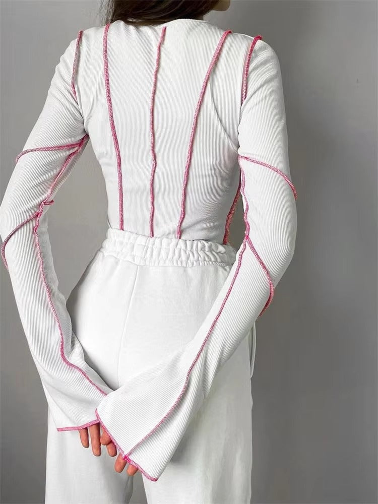 Casual Long Flare Sleeve Round Neck Knitted Ribbed Chic Tees T-Shirts Mssza