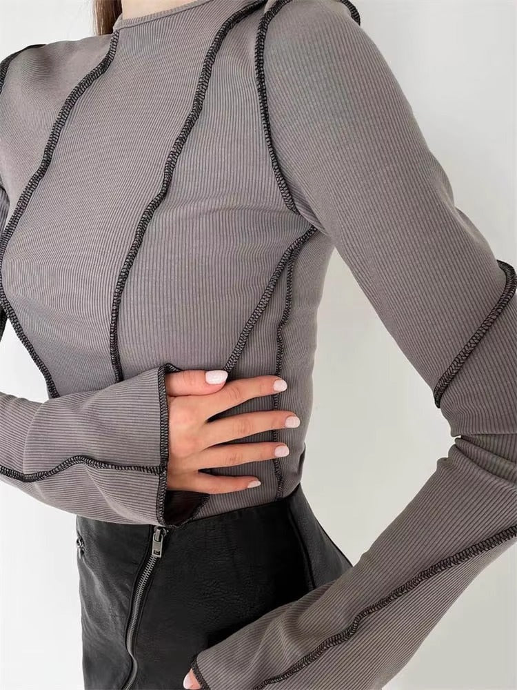Casual Long Flare Sleeve Round Neck Knitted Ribbed Chic Tees T-Shirts Mssza
