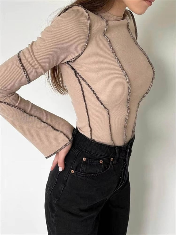 Casual Long Flare Sleeve Round Neck Knitted Ribbed Chic Tees T-Shirts Mssza