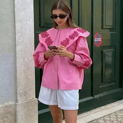 Casual Long Lantern Sleeve Single Breasted Ruffled Collar Shirt Mssza