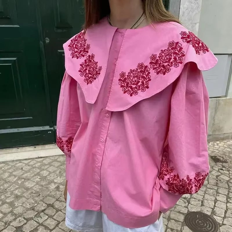Casual Long Lantern Sleeve Single Breasted Ruffled Collar Shirt Mssza