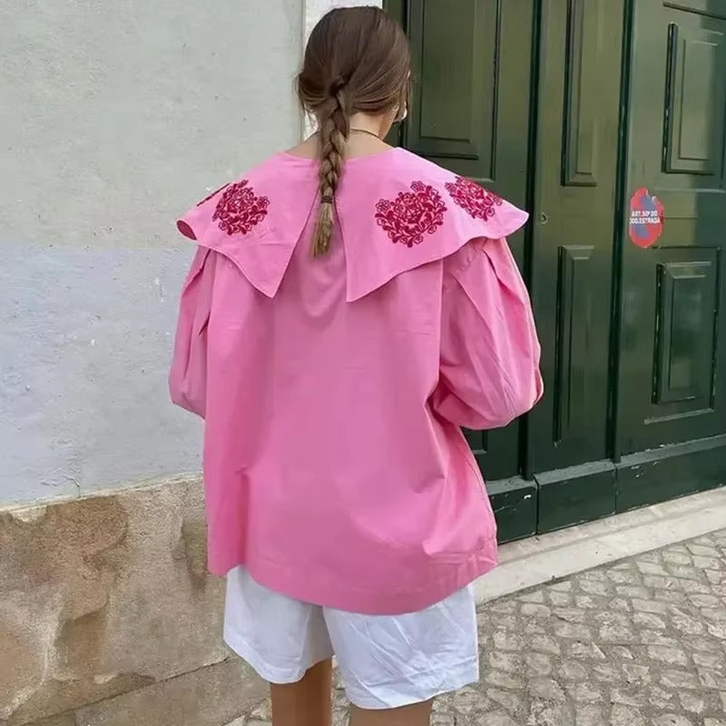 Casual Long Lantern Sleeve Single Breasted Ruffled Collar Shirt Mssza
