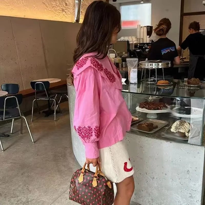 Casual Long Lantern Sleeve Single Breasted Ruffled Collar Shirt Mssza