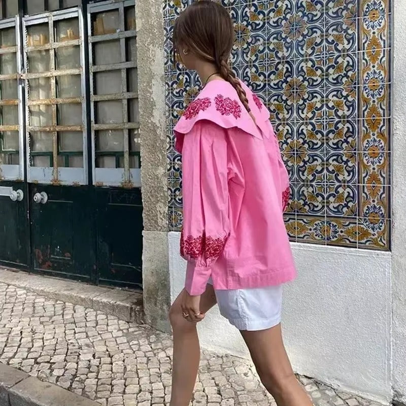 Casual Long Lantern Sleeve Single Breasted Ruffled Collar Shirt Mssza
