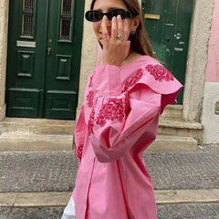 Casual Long Lantern Sleeve Single Breasted Ruffled Collar Shirt Mssza