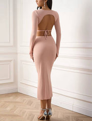 Casual Long Sleeve Backless Tie Up Blouse Tops And Pencil High Waist Midi Skirt Mssza