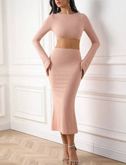 Casual Long Sleeve Backless Tie Up Blouse Tops And Pencil High Waist Midi Skirt Mssza