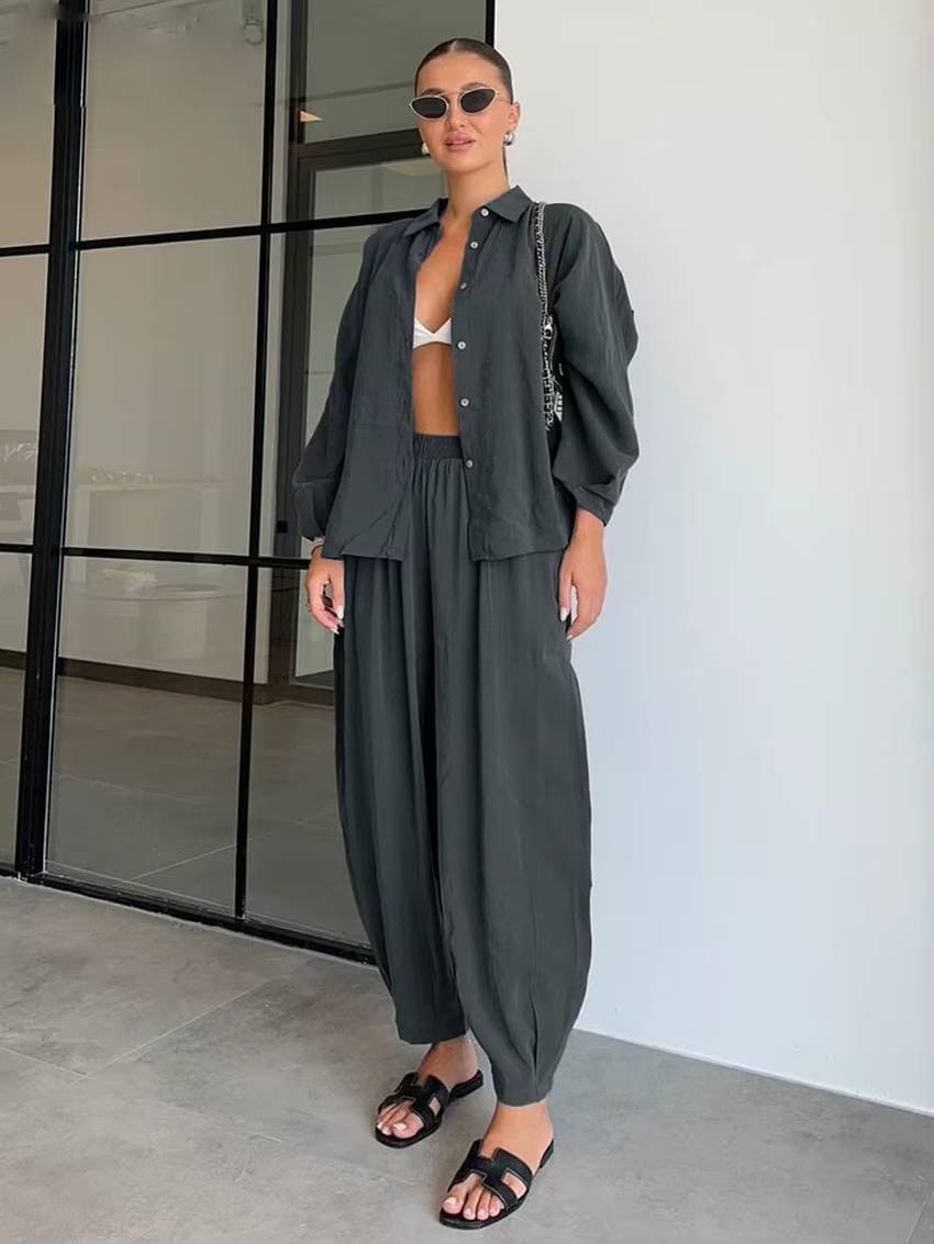 Casual Long Sleeve Blouse With High Waist Pants Loose 2 Piece Sets Mssza
