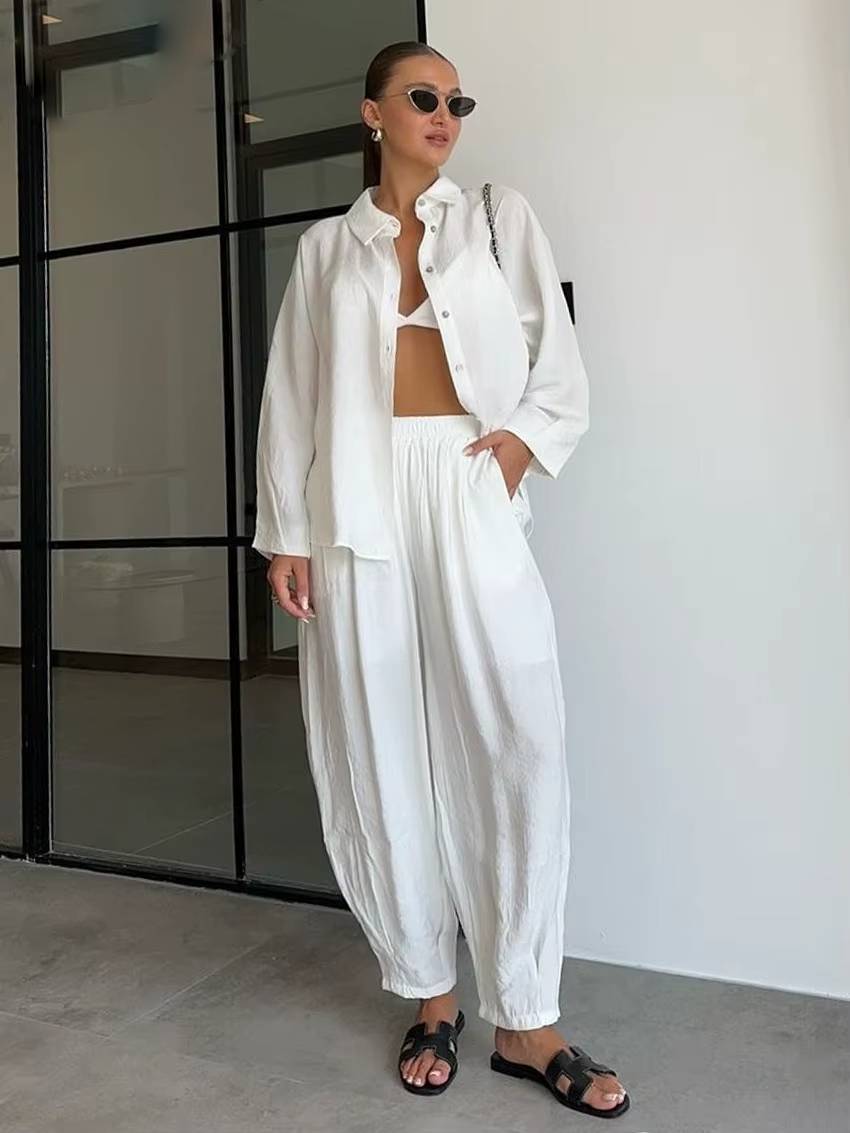 Casual Long Sleeve Blouse With High Waist Pants Loose 2 Piece Sets Mssza