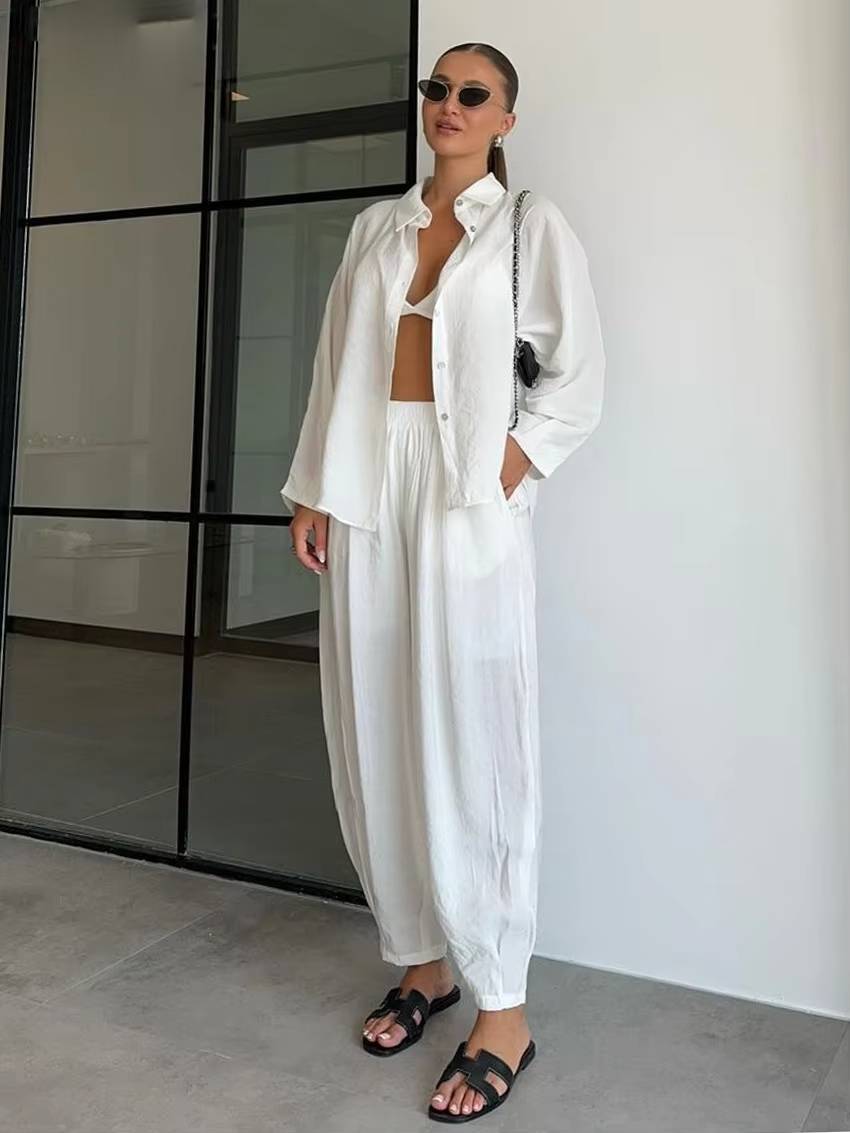 Casual Long Sleeve Blouse With High Waist Pants Loose 2 Piece Sets Mssza