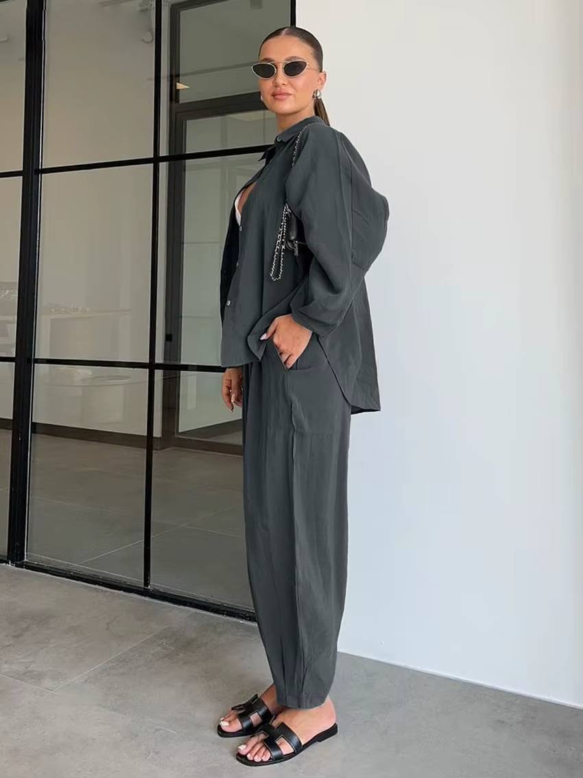 Casual Long Sleeve Blouse With High Waist Pants Loose 2 Piece Sets Mssza