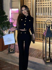 Casual Long Sleeve Button Stretch Bandage Top Long Pants 2 Piece Sets Mssza