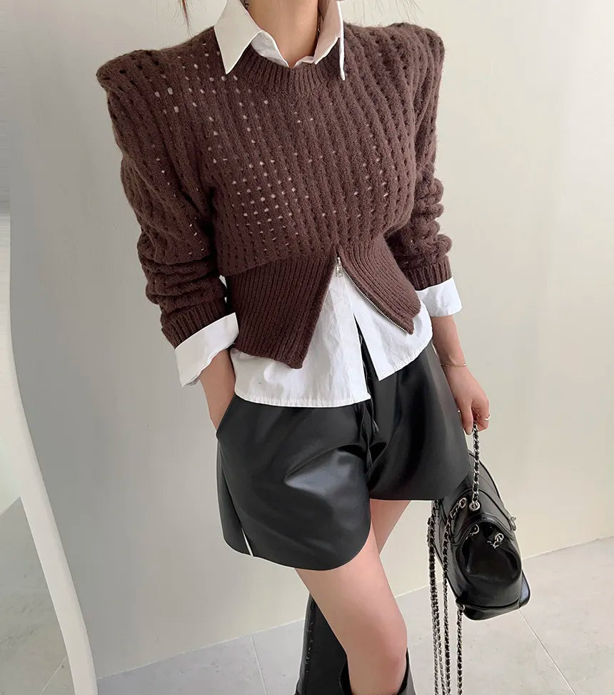 Casual Long Sleeve Crochet Knit Hollow Out Crop Top Shrug Sweater Mssza