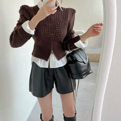 Casual Long Sleeve Crochet Knit Hollow Out Crop Top Shrug Sweater Mssza