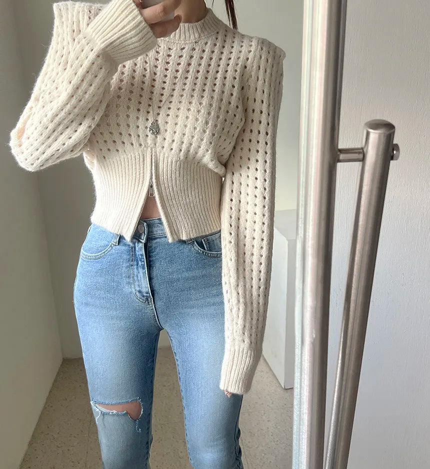 Casual Long Sleeve Crochet Knit Hollow Out Crop Top Shrug Sweater Mssza