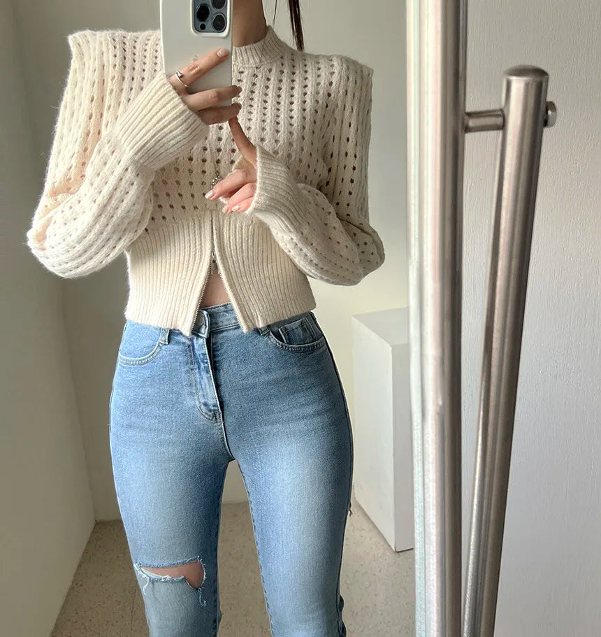 Casual Long Sleeve Crochet Knit Hollow Out Crop Top Shrug Sweater Mssza