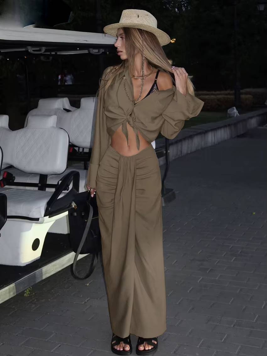Casual Long Sleeve Crop Shirt With Mid Waist Long Skirt 2 Piece Outfit Streetwear Mssza