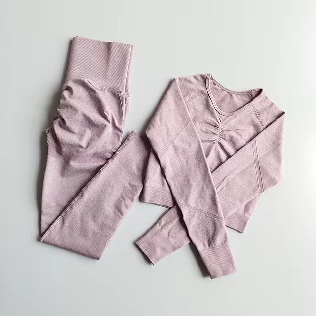 Casual Long Sleeve Crop Top High Waist Leggings Seamless Yoga Set Mssza