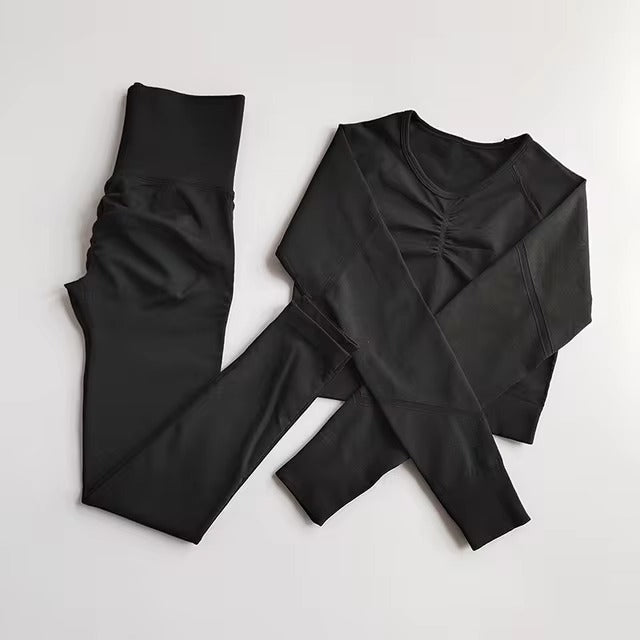 Casual Long Sleeve Crop Top High Waist Leggings Seamless Yoga Set Mssza