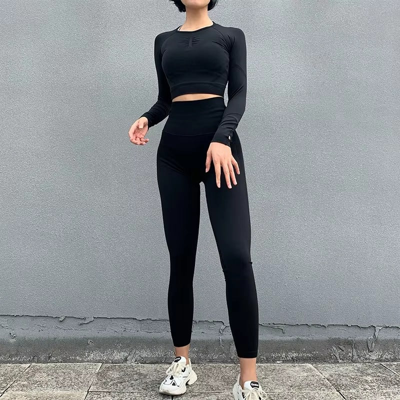 Casual Long Sleeve Crop Top High Waist Leggings Seamless Yoga Set Mssza