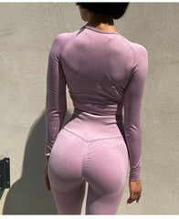 Casual Long Sleeve Crop Top High Waist Leggings Seamless Yoga Set Mssza