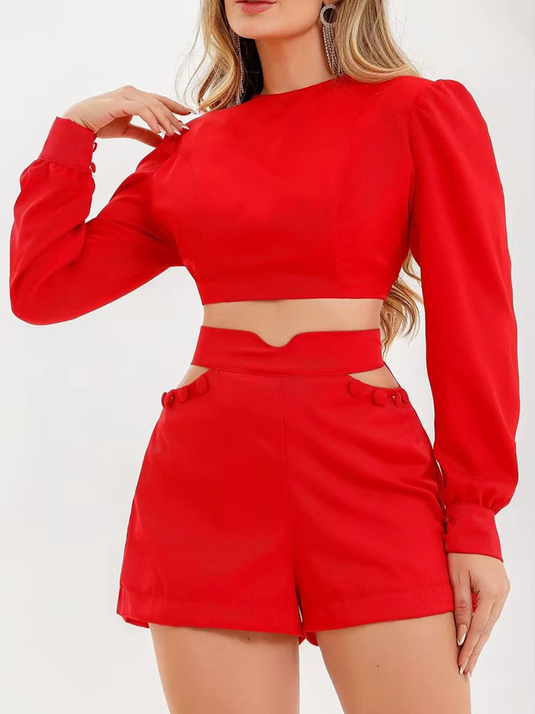 Casual Long Sleeve Crop Tops And Cutout Buttoned Shorts 2 Piece Set Mssza