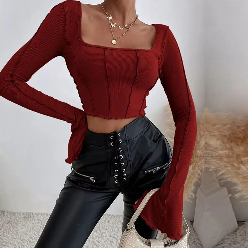 Casual Long Flare Sleeve Knitted Backless Streetwear Bandage Crop Top Mssza