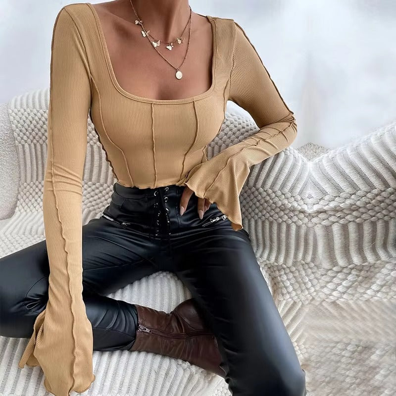 Casual Long Flare Sleeve Knitted Backless Streetwear Bandage Crop Top Mssza