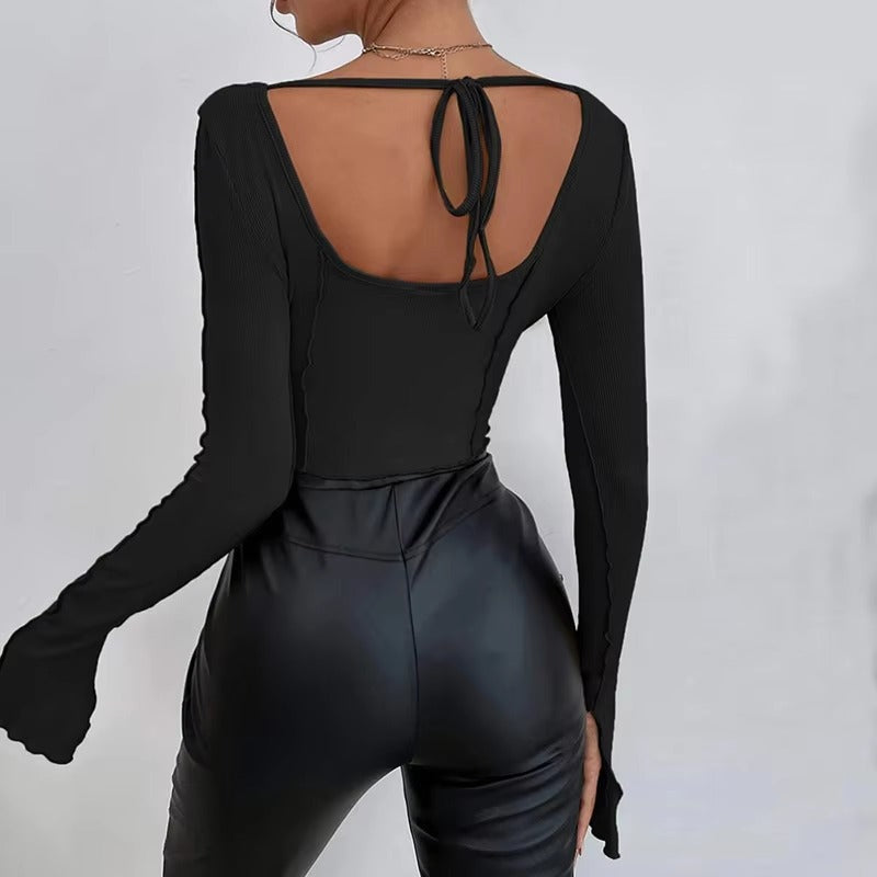 Casual Long Flare Sleeve Knitted Backless Streetwear Bandage Crop Top Mssza