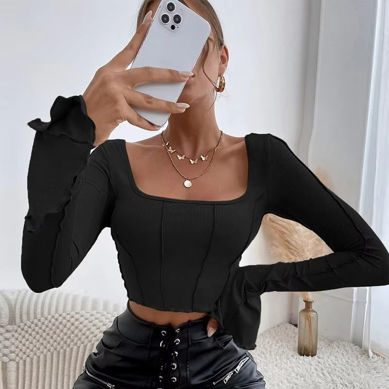 Casual Long Flare Sleeve Knitted Backless Streetwear Bandage Crop Top Mssza